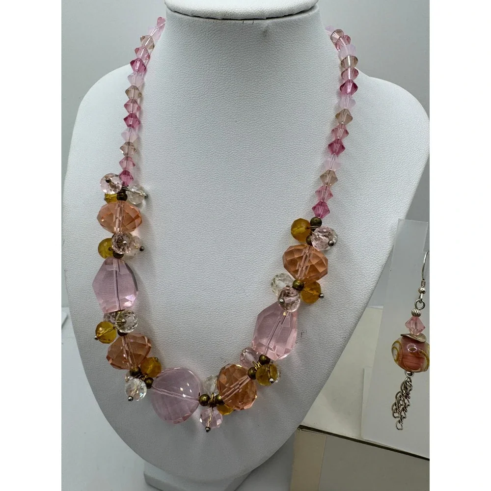 Pink Peach Beaded Statement Necklace & Lampwork Dangle Earring Set 16